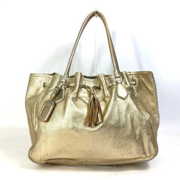 PRADA Shoulder Bag Logo fringe bag drawstring Tote Bag Leather Gold - Picture 1 of 13